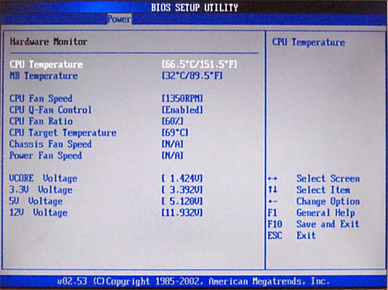 Показатели температуры процессора в BIOS