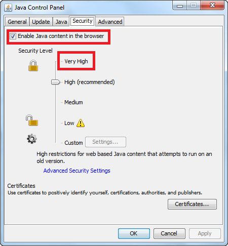 Откроется панель управления Java. Во вкладке Security вы можете активировать самый высокий уровень безопасности или отключить Java полностью – для этого снимите флажок с опции Enable Java content in the browser и нажмите на кнопку Apply/OK.