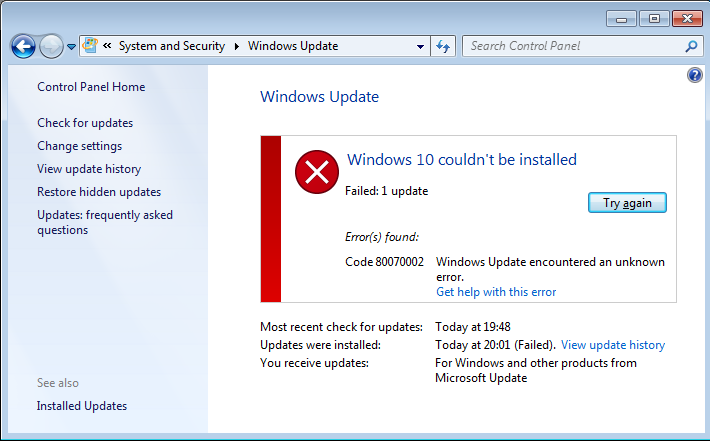 80070002 ошибка в update Windows 7 и 10 при установке