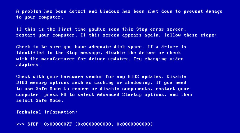 Исправить 0x0000007f ошибку экрана смерти Windows 7 и XP