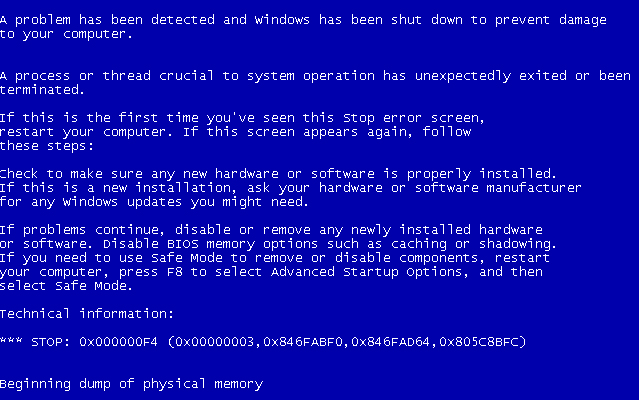 Исправить 0x000000f4 ошибку при синем экране Windows 7 и XP