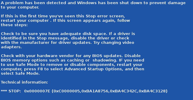 Stop ошибка 0x0000007e в ходе операции Windows 7 и XP
