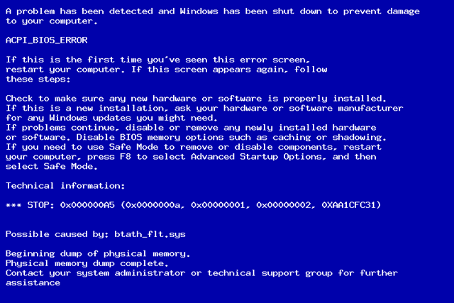 Stop ошибка 0x000000a5 синего экрана Windows 7