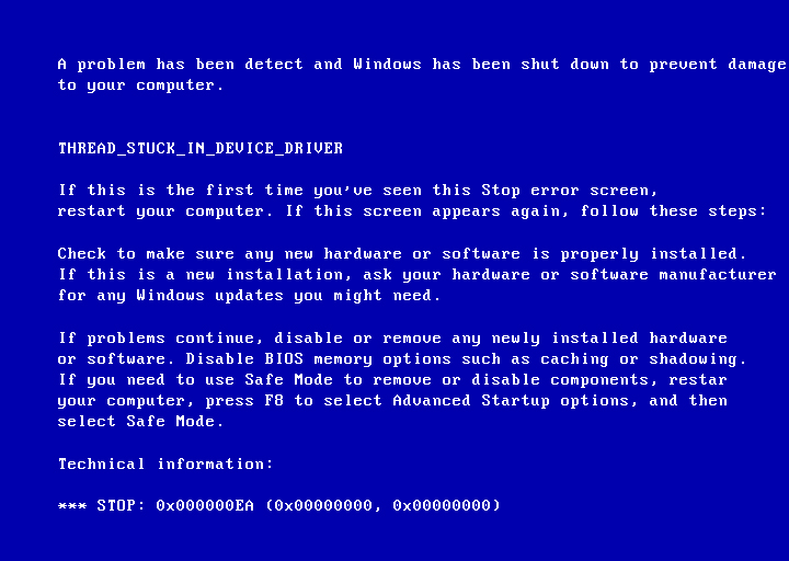 Stop ошибка 0x000000ea в Windows 7 и XP версиях