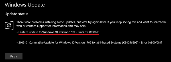 Накопительное обновление для Windows 10 Version 1709 ошибка 0x800f081f — Решение