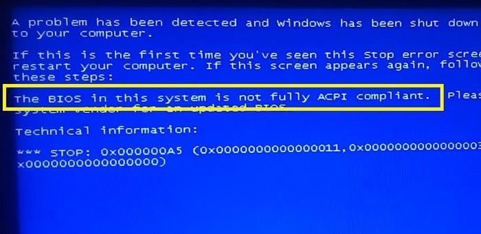 The BIOS in this system in not fully ACPI compliant что делать
