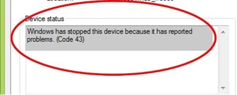 Это устройство было остановлено, поскольку оно сообщило о возникновении неполадок код 43