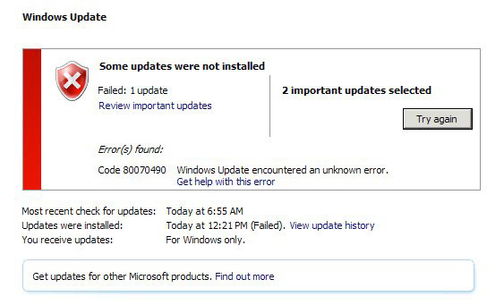 Ошибка кода 80070490 Windows 7 update – сведения о причине